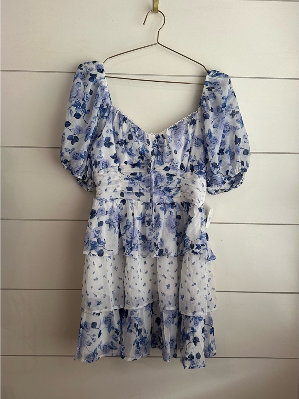 Altar'd State Blue and White Floral Tiered Puff Sleeve Dress